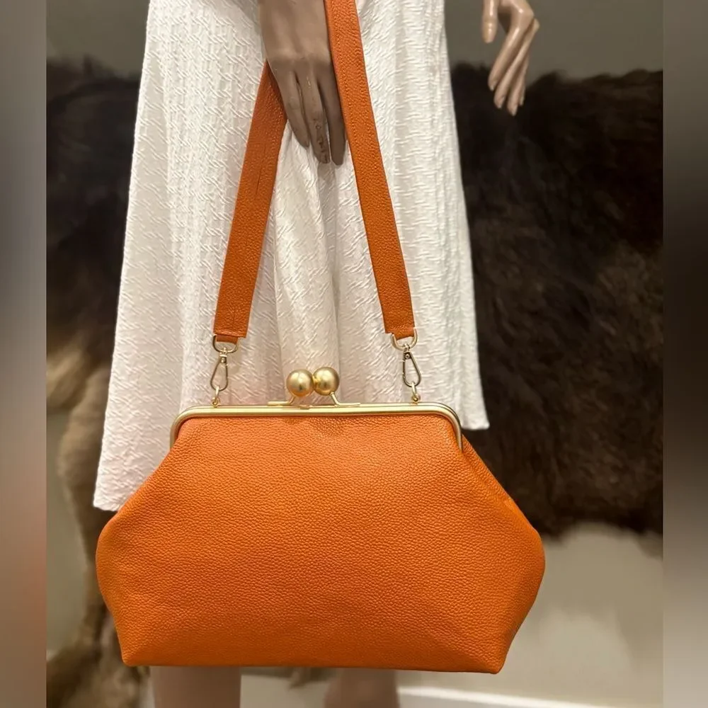 Orange Pebble Leather Handmade Vintage Style Extra Large Kisslock Frame Bag